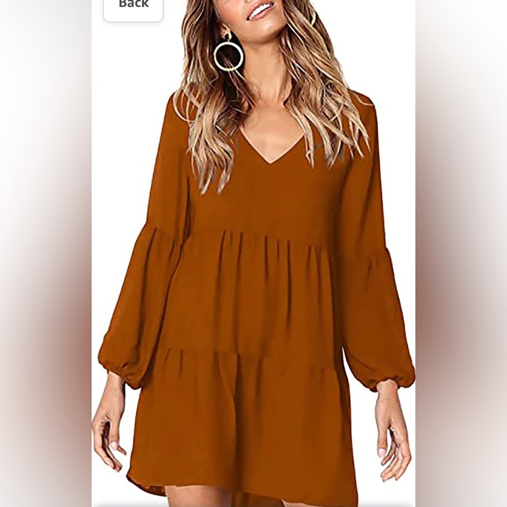 V-Neck Blouson Sleeve Tiered Empire Waist Babydoll Dress Size Large